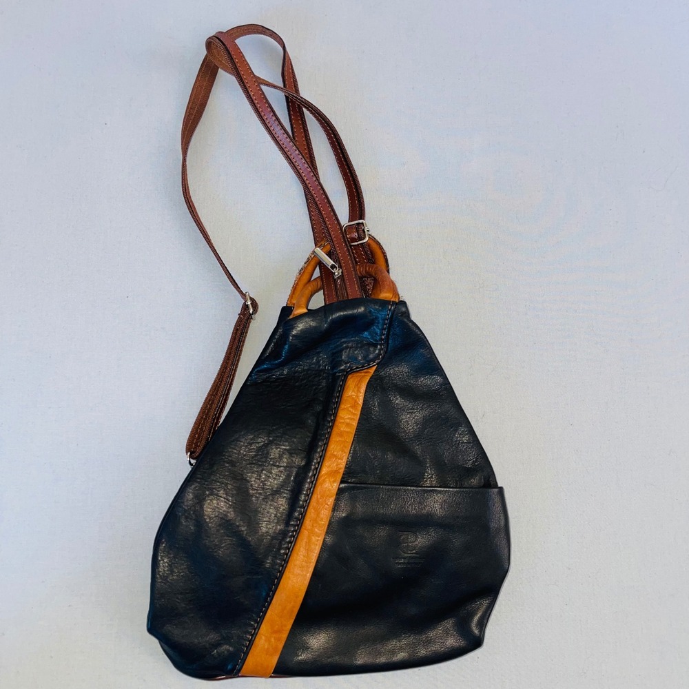 Italian Natural Leather Sling Backpack Two Tone Black Tan Made in Italy Bag